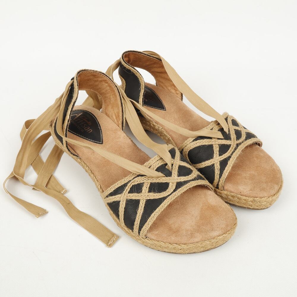 Clarks Artisan Collection Womens 6.5M Jute Ankle Lace Leather Wedge Sandals